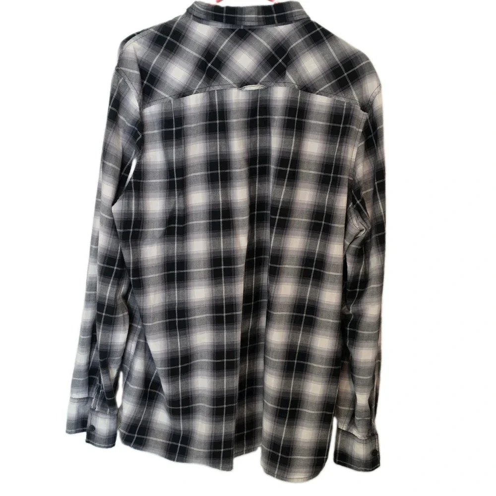 Sun + Stone Mens Plaid Long Sleeve Button Shirt Black and White Flannel Size XL